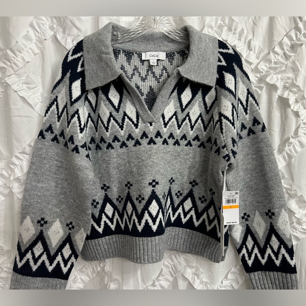 NWT - CeCe Fair Isle Gray and Navy V-Neck Sweater
